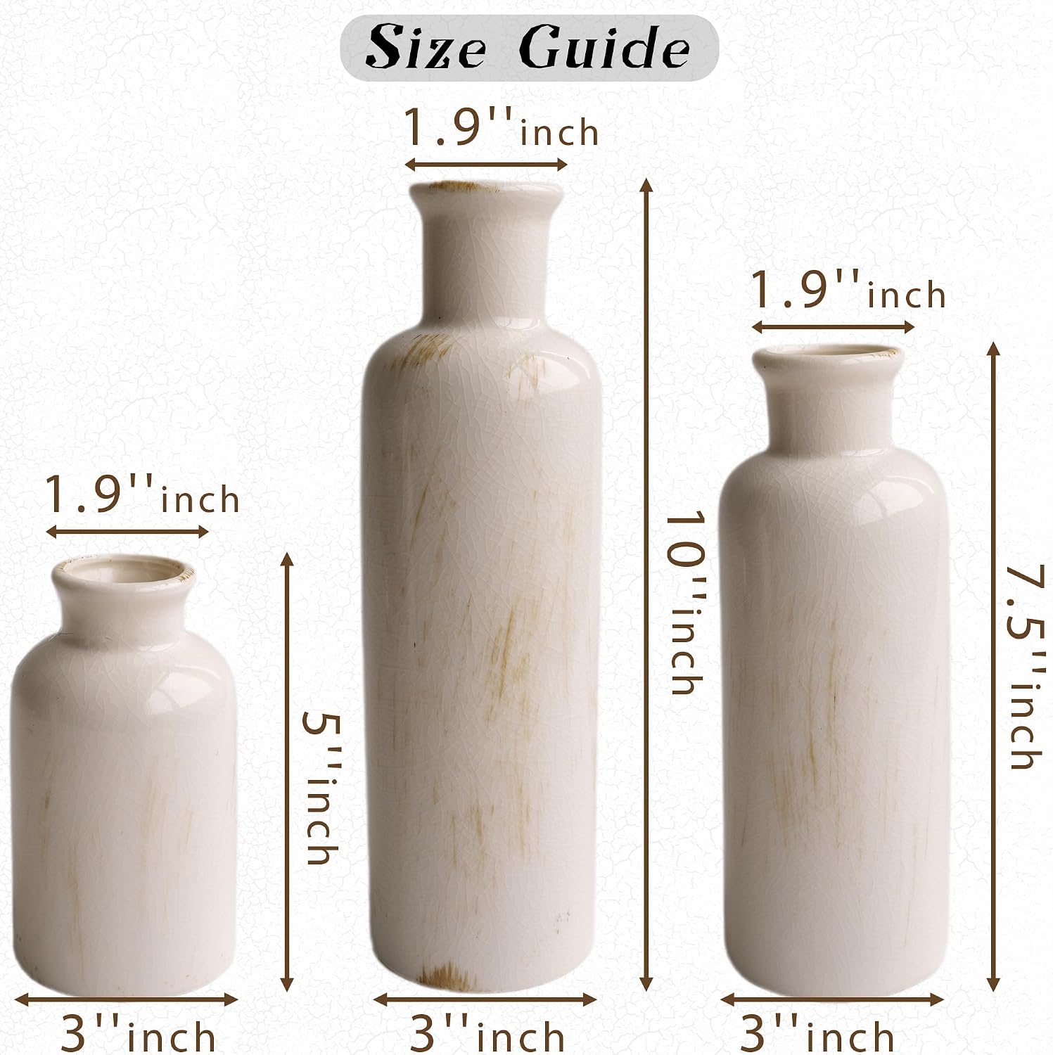 Pampas Grass with Vase Set – 3 Beige White Ceramic Vases with Natural Dried Pampas, Bunny Tails & More – Neutral Farmhouse Decor for Fireplace, Home, Mantel, Entryway, Kitchen & Boho Table Centerpiece