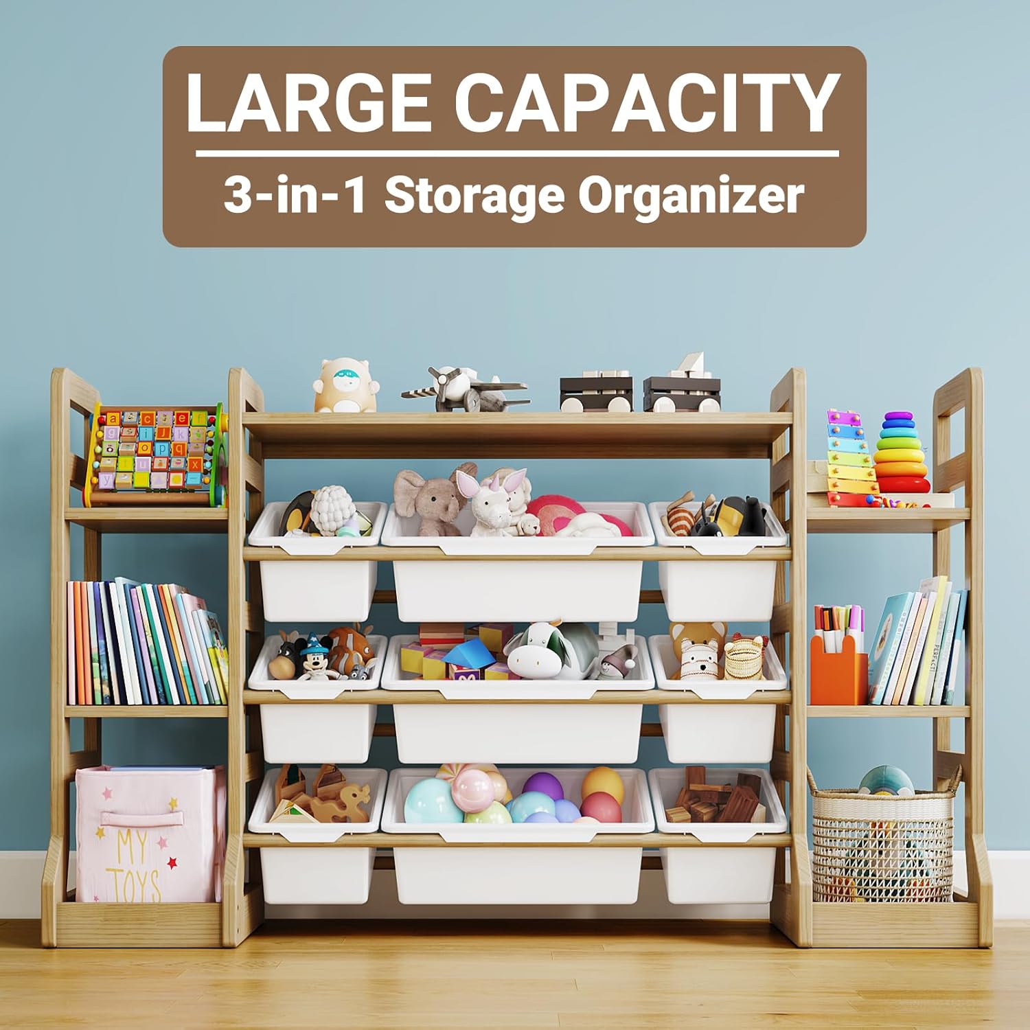 Kids Toy Storage Organizer with Bookshelf, Wooden Toy Shelf with 6 Open Shelves and 9 Removable Bins, Extended Base Sturdy Storage Cabinet for Playroom, Kids Room, Nursery Organization
