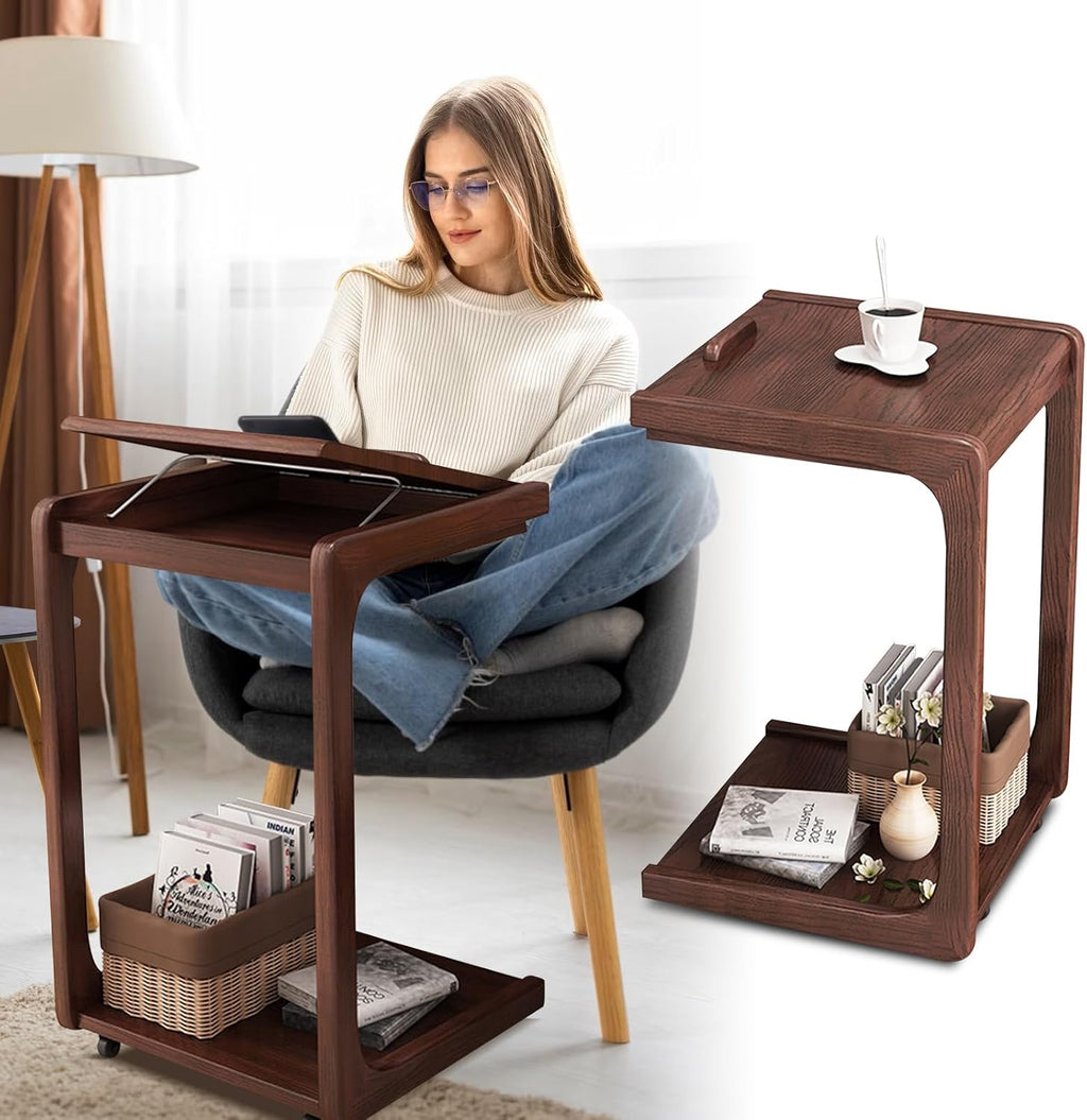 Wooden C-Shaped End Table,Couch Table with 360° Lockable Caster,Small Rolling Side Table with Adjustable Desktop for Living Room,Small Side Tables for Eating Writing Reading Bedroom