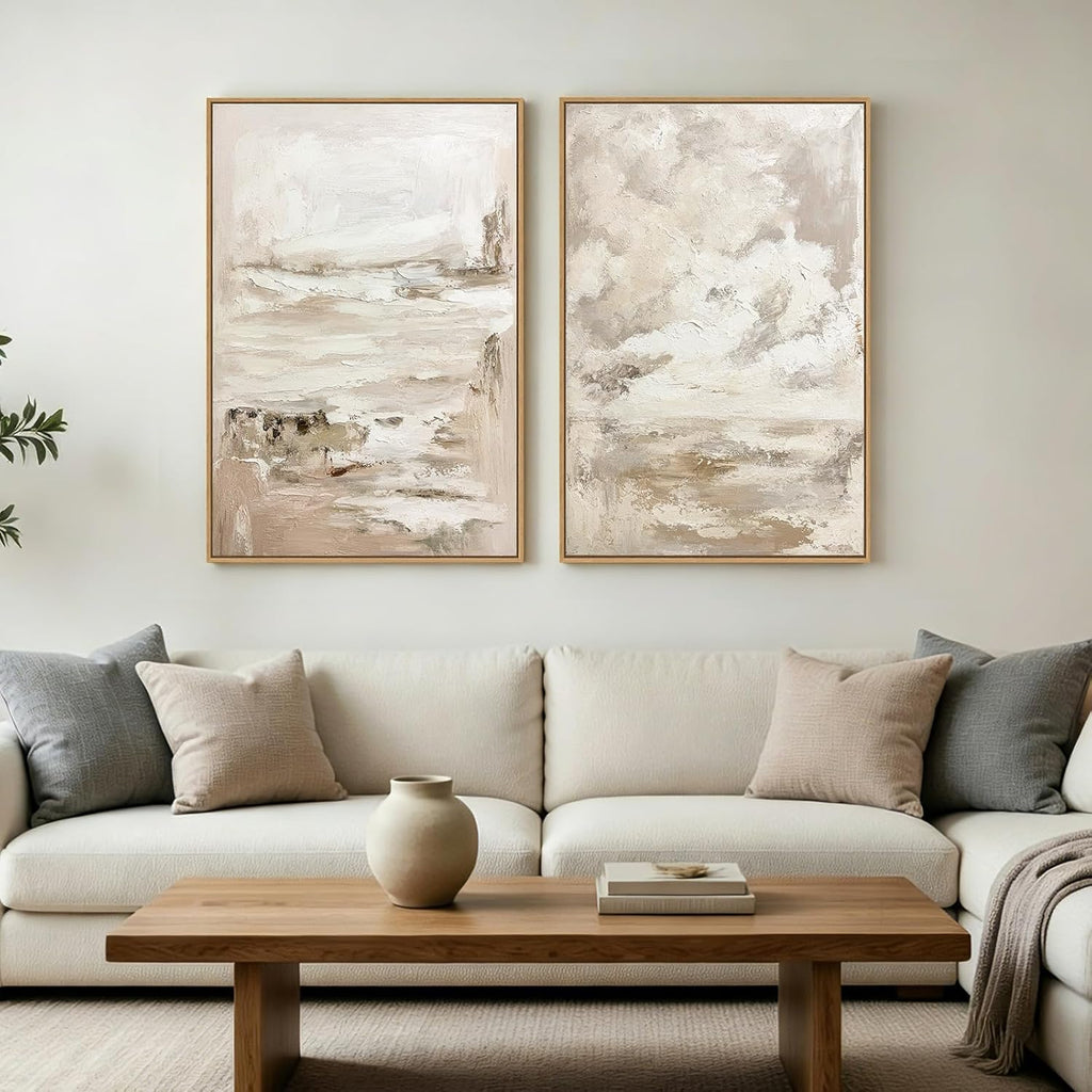 SAFERRYHOME Abstract Landscape Sky Hand Painted Wall Art, Large Textured Neutral Framed Canvas Wall Decor, Modern Minimalist Illustrations Painting Artwork for Home Office Living Room, 24"x36"x2
