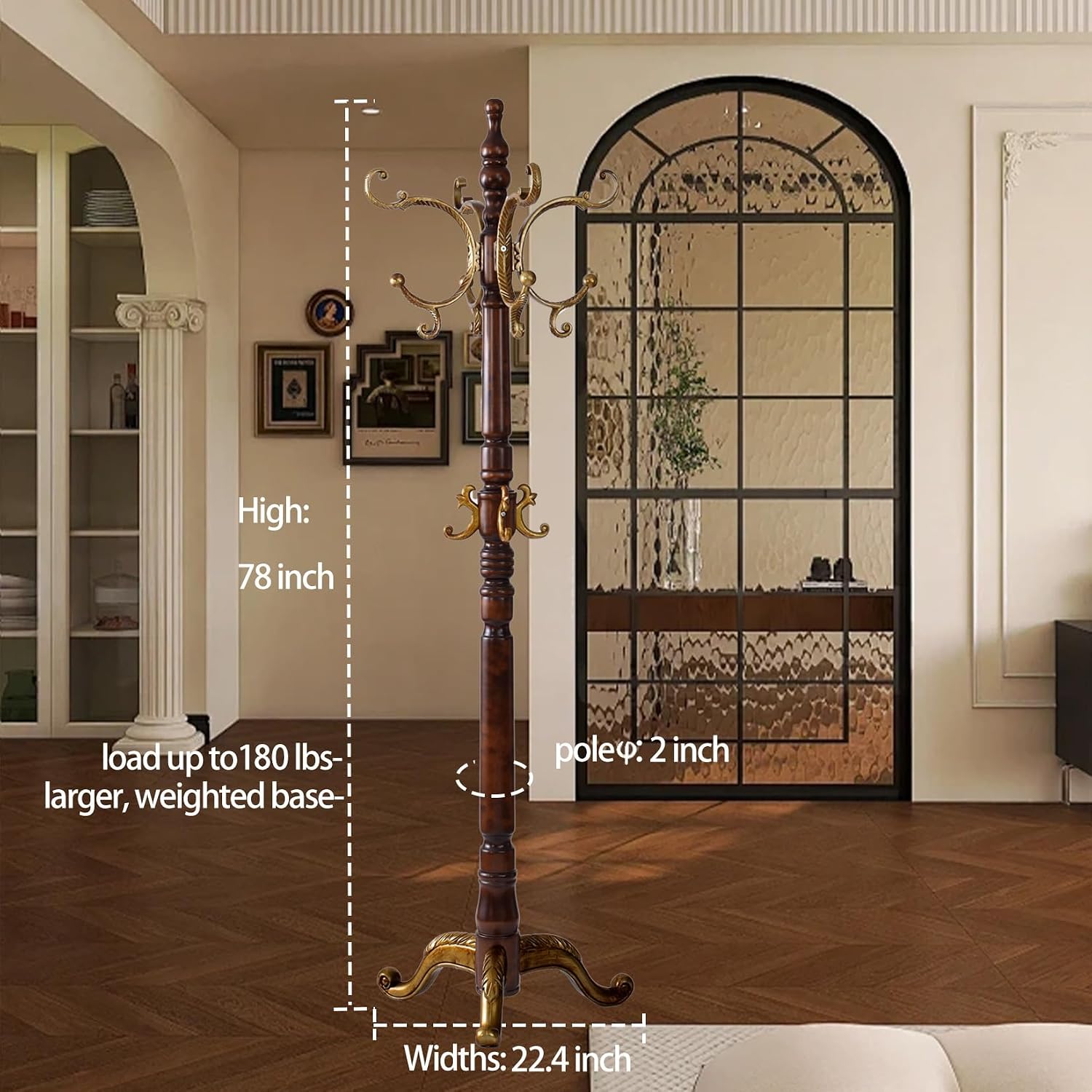 Wooden Coat Racks, Retro 78" Coat Tree with 12 Hooks & Stable Triangular Base, Entryway Coat Rack Freestanding for Hat, Clothes, Scarves, Handbags, Umbrella (Vintage)