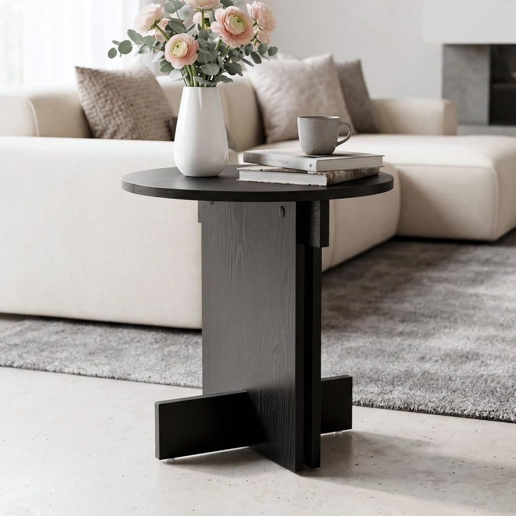 Ya-Home Black Round Side Table, Modern Accent Coffee Table End Table with Wooden Frame, Small Side Plant Stand Nightstand for Living Room/Corners, Small Space