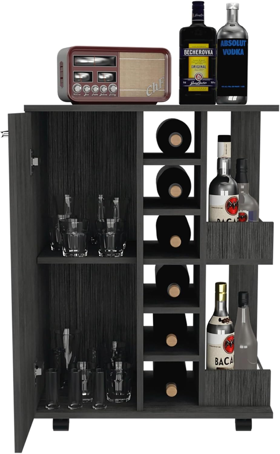 Tuhome Bar Cart, Two External Shelves, Four Casters, Six Built-in Wine Rack, Single Door Cabinet -Smokey Oak