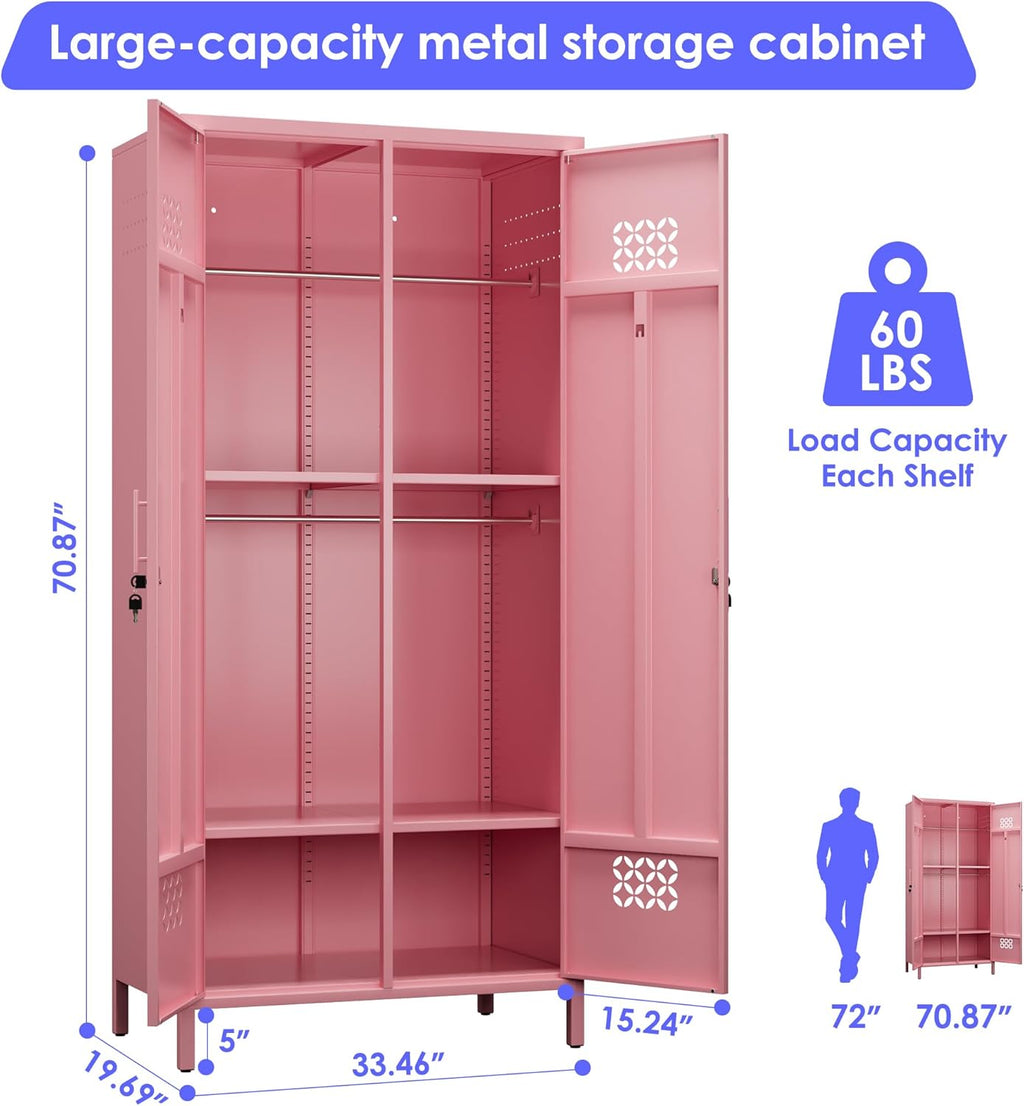 Aobabo Metal Wardrobe Closet with 2 Doors, 19" Deep Metal Wardrobe Cabinet with 4 Adjustable Shelves and 2 Hannging Rods, Storage Locker for Home, Pink, Assembly Required