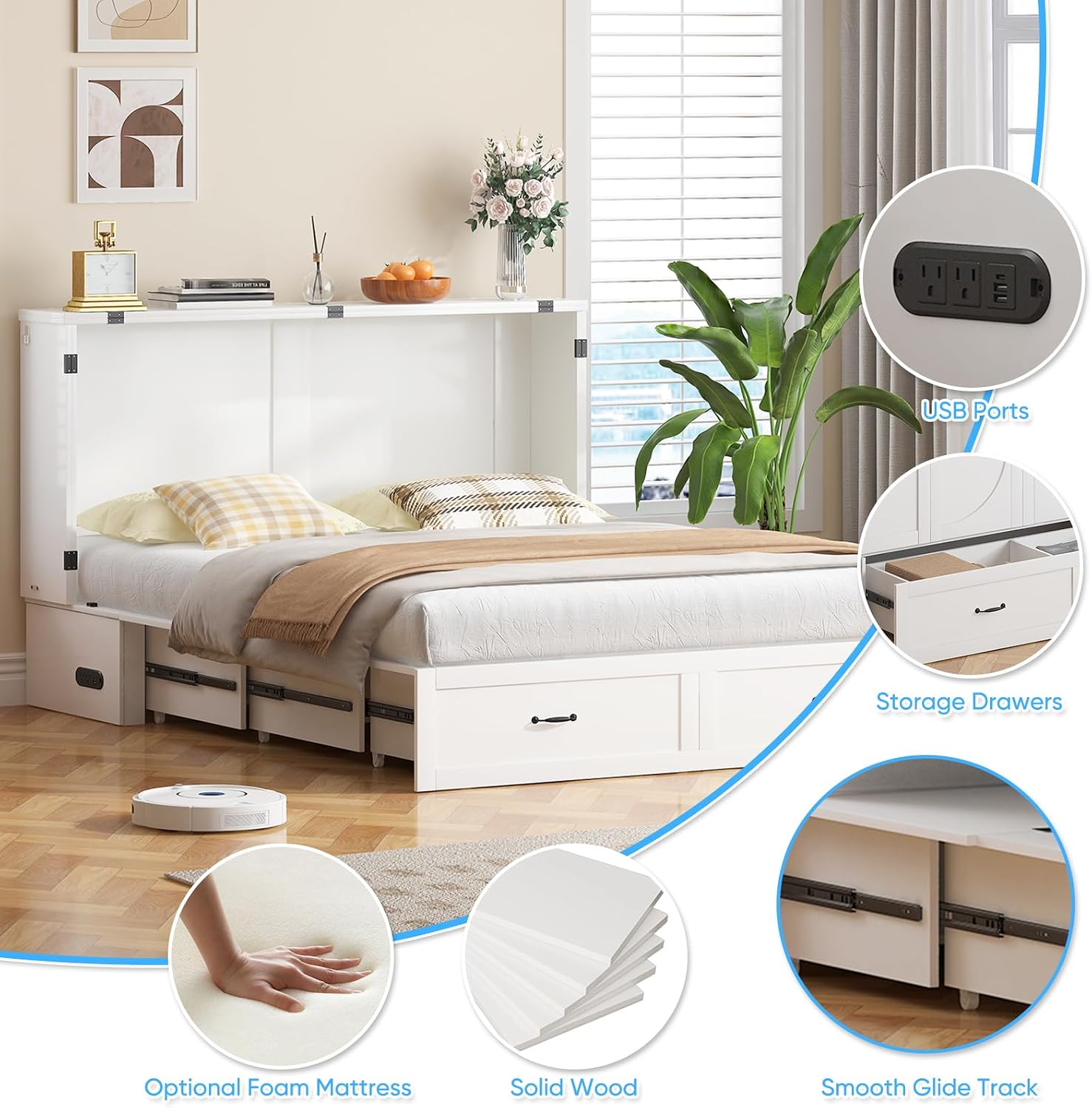 Mjkone Queen Size Murphy Bed Cabinet with Mattress Included, USB Charging Station, Storage Drawer, Panel, 63.39" Width Chest Cabinet Murphy Beds for Guest Room Small Spaces Saving Home Offices, White