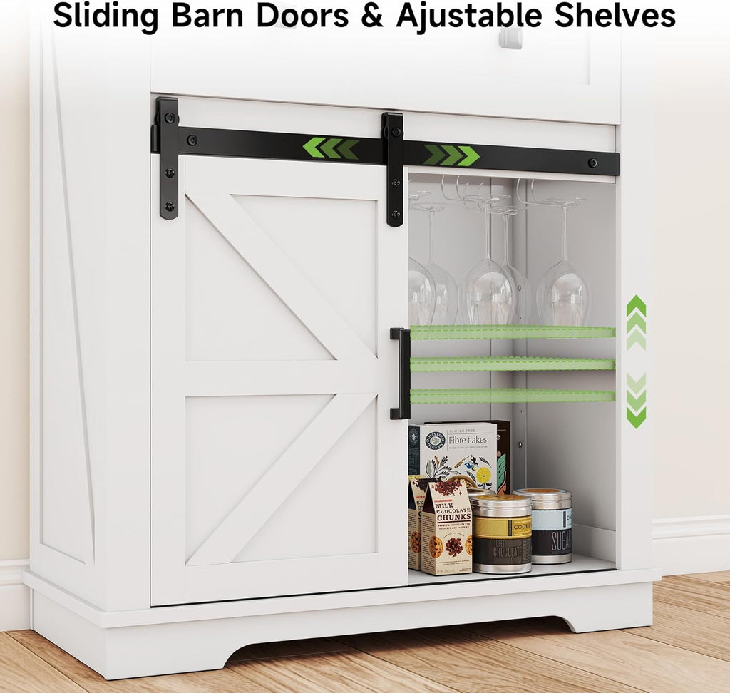 Real Relax Coffee Bar Cabinet, Farmhouse Sideboard Buffet Cabinets with Storage, Wine Glass Rack, Sliding Barn Door, Buffet Table for Kitchen, Dining Room, Entryway, White