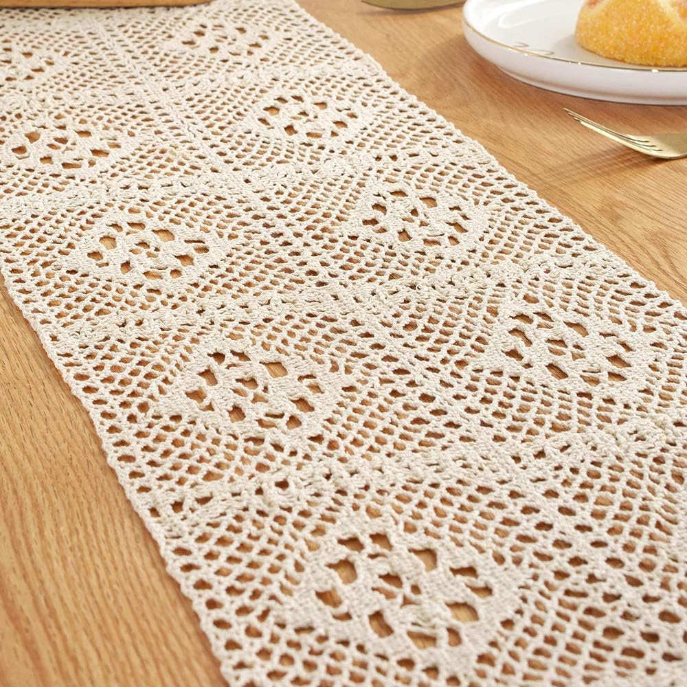 Crochet Macrame Beige Boho Table Runner in 87 inches with Tufted Tassel Handmade Vintage Floral Wedding Lace Table Runner Bohemian Farmhouse Holiday Home Deco