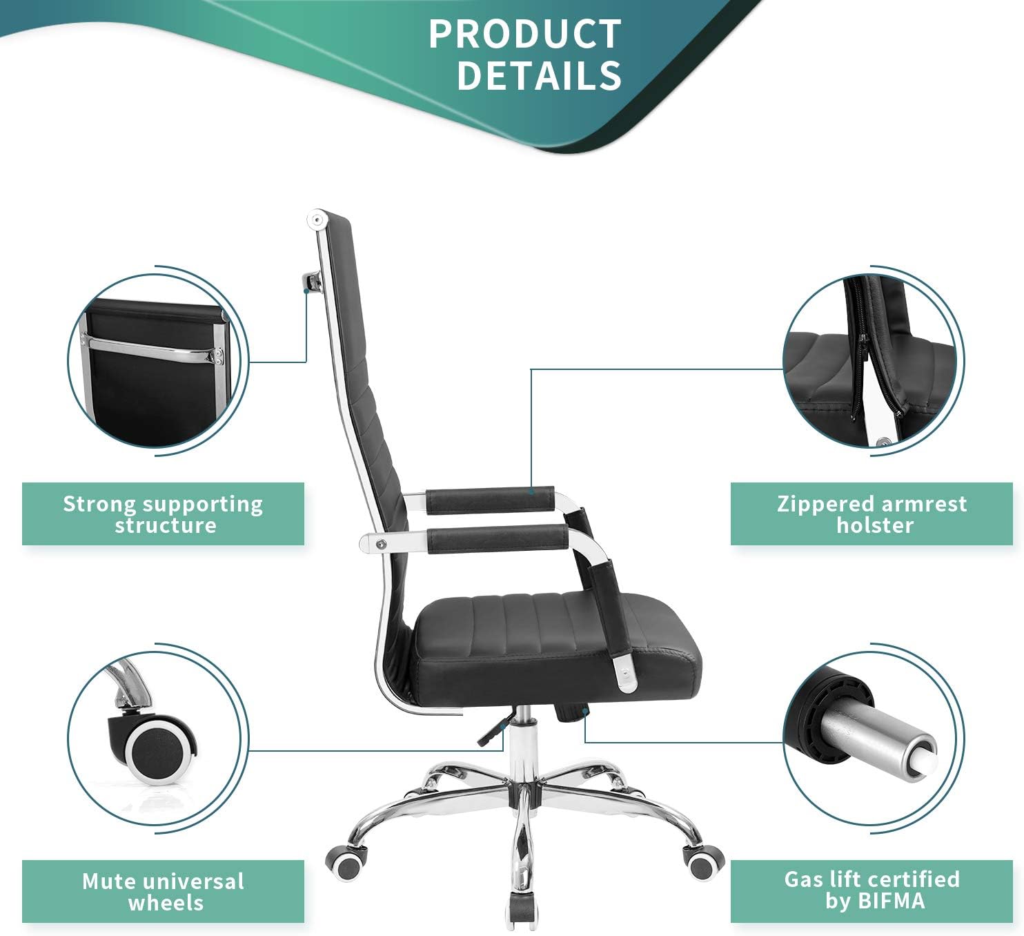 Tuoze Office Chair High Back Leather Desk Chair Modern Executive Ribbed Chairs Height Adjustable Conference Task Chair with Arms (Black)