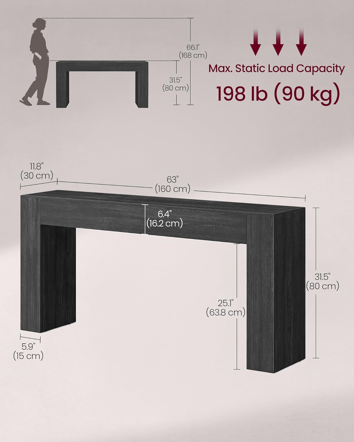 VASAGLE Entryway Table, Long Console Table, Thick Tabletop, Farmhouse Style, for Hallway, Behind the Couch, Living Room, Foyer, Easy Assembly, 11.8 x 63 x 31.5 Inches, Charcoal Gray ULNT147BA01S
