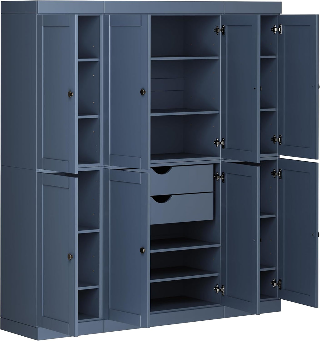 Palace Imports Solid Wood Pantry Cabinet – 71.5" Tall x 65" W - Wooden Storage Cabinet - 8 Shaker Doors, 2 Drawers, 12 Adjustable Shelves - Kitchen Cupboard - Antique Blue, 100% Eco-Friendly Pine Wood