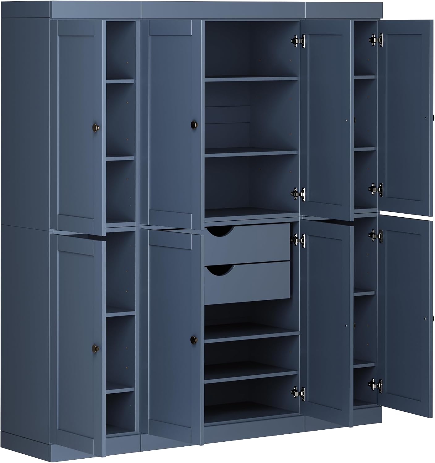 Palace Imports Solid Wood Pantry Cabinet – 71.5" Tall x 65" W - Wooden Storage Cabinet - 8 Shaker Doors, 2 Drawers, 12 Adjustable Shelves - Kitchen Cupboard - Antique Blue, 100% Eco-Friendly Pine Wood