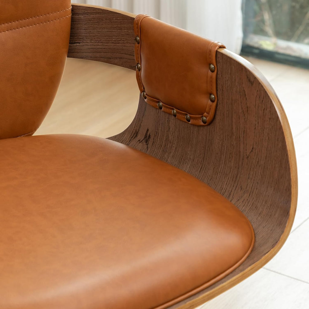 Set of 2 Mid Century Modern Chairs, Walnut Brown | Swivel Dining Chairs, With Arms and Curved Back, Faux Leather, Reception Room Chairs