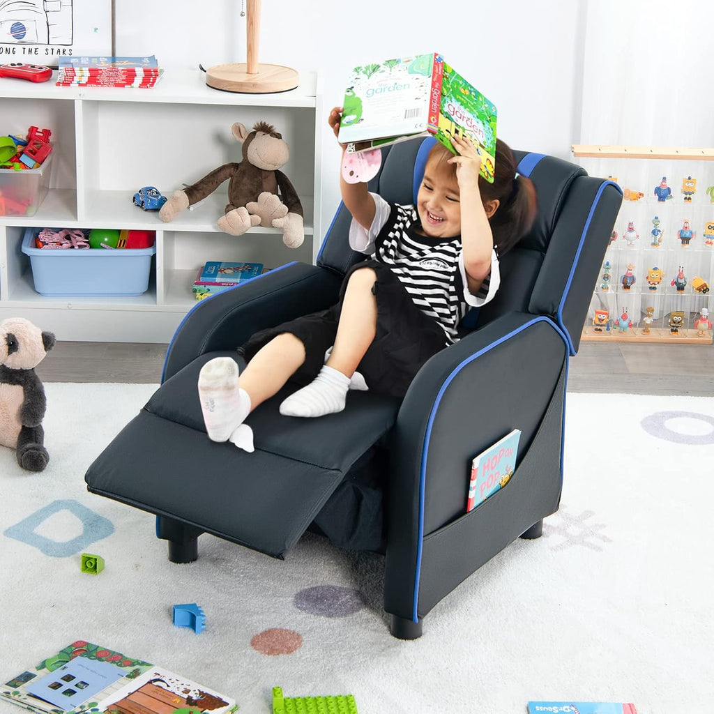Costzon Kids Recliner, Gaming Recliner Chair w/Side Pockets, Footrest, Headrest & Lumbar Support for Kids Room & Play Room, Adjustable Racing Style Leather Sofa for Children Boys Girls (Blue, Black)