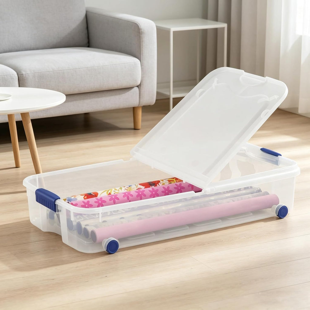 66 Quart Clear Plastic Underbed Storage Bin with Latching Lid and Wheels, Stackable Container, Blue