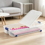 66 Quart Clear Plastic Underbed Storage Bin with Latching Lid and Wheels, Stackable Container, Blue