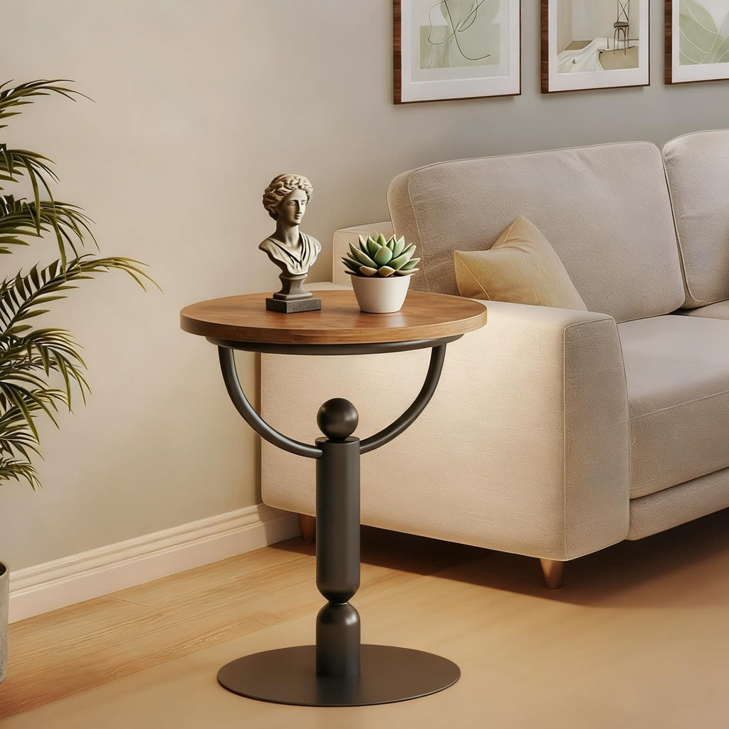 YUNMUARY-Modern Side Tables Living Room, Black Round End Table, Mid Century End Tables for Small Space, Metal Bedside Tables, Wooden Couch Side Table, Nightstand for Bedroom, No Assembly Required