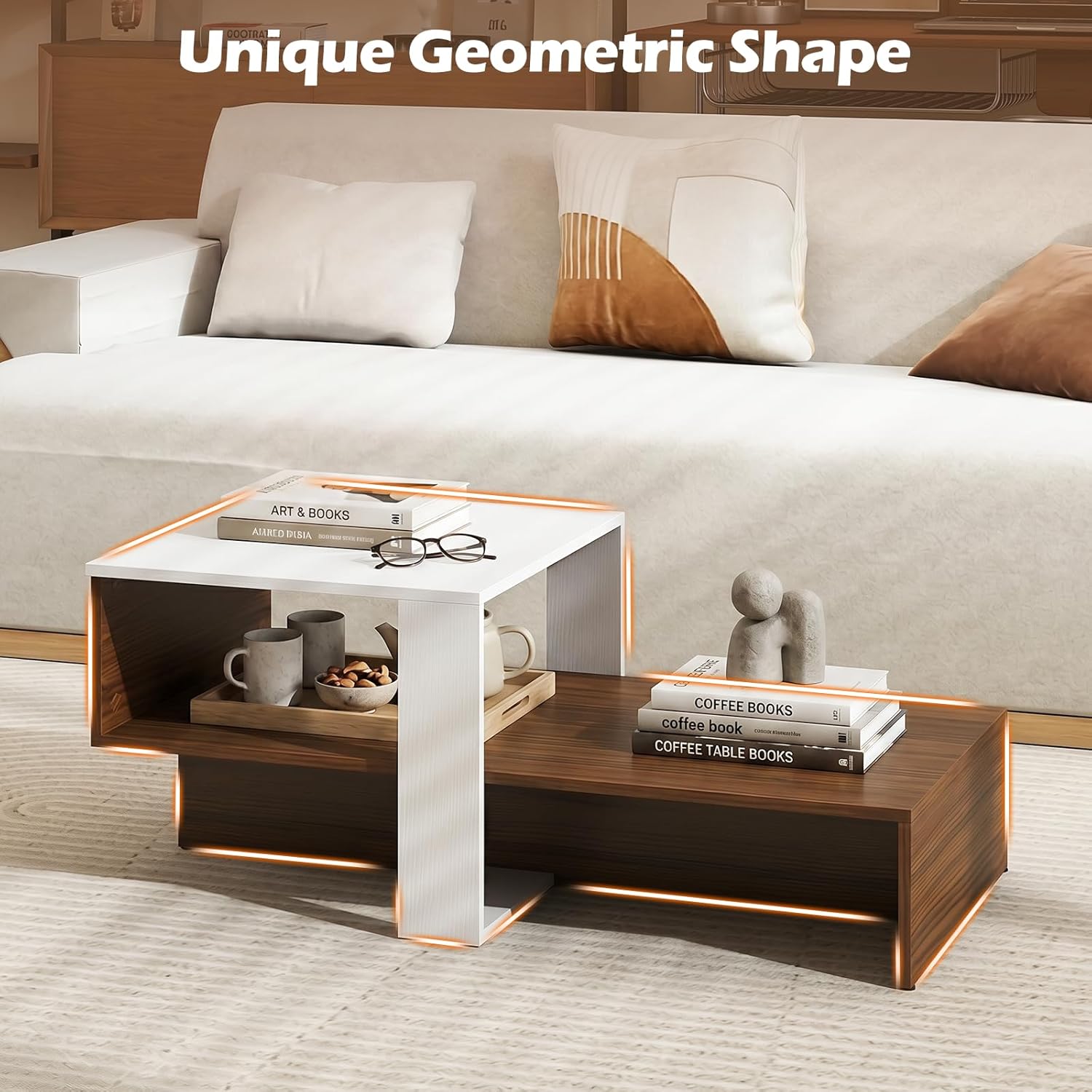Giantex Small Coffee Table with Storage, 31.5" Wood Unique Center Table with 2-Tier Shelf, Low Accent Cocktail Tea Table, Mid Century Modern Coffee Table for Living Room, Small Spaces, Walnut & White