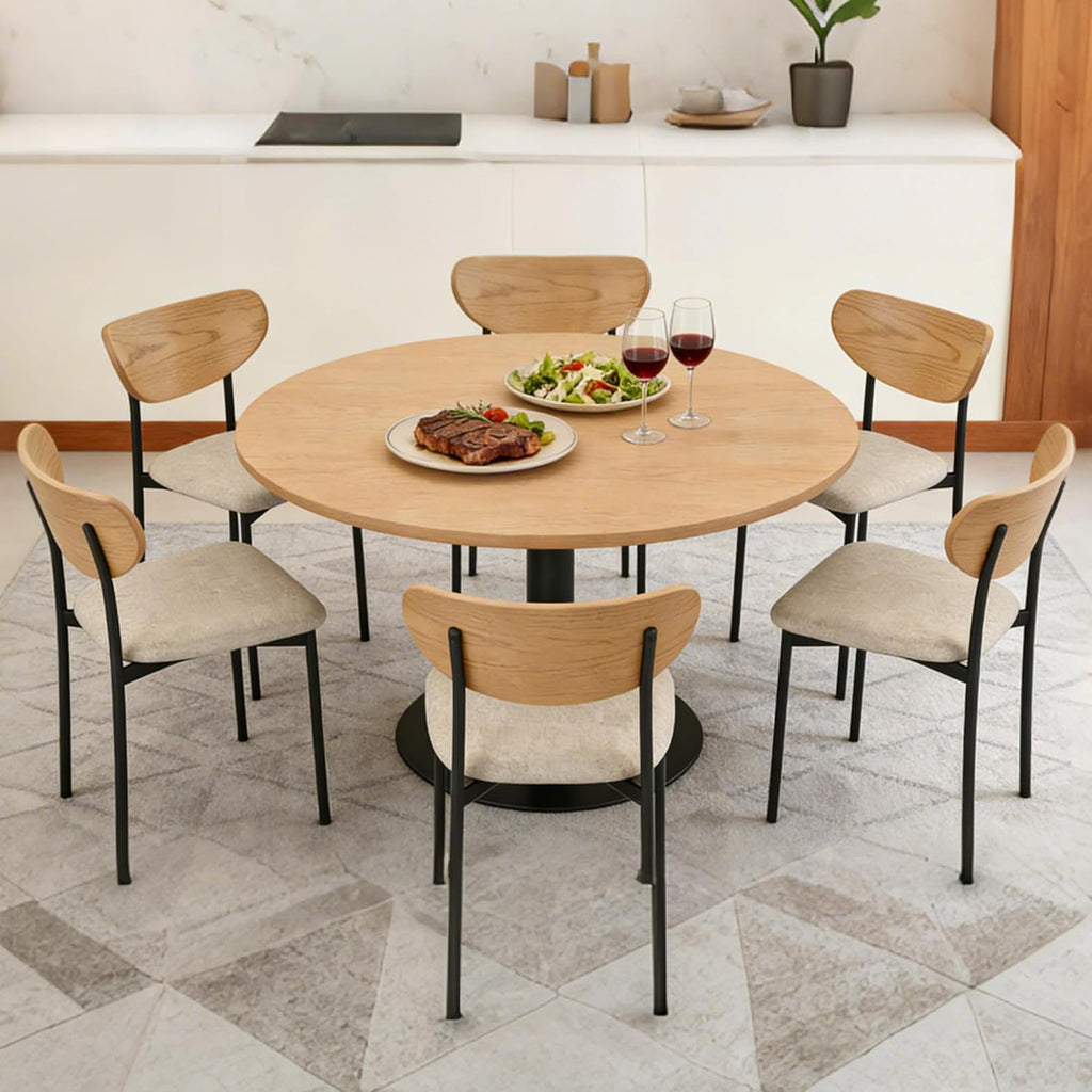 Beige Dining Chairs Set of 4, Upholstered Modern Kitchen Chairs Dining Room Chairs with Wood Curved Backrest & Metal Legs