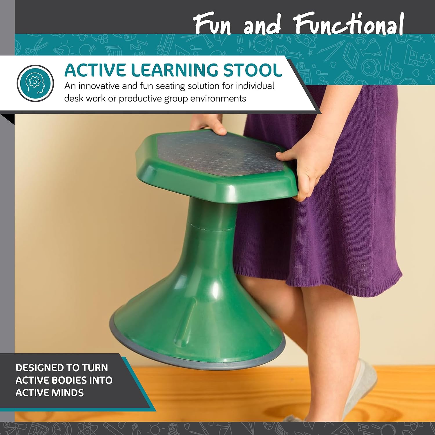 Learniture Backless Active Learning Stool for Office Desks and Classrooms, Active Learning Wobble Chair with Rocking Motion, 18"H, Black