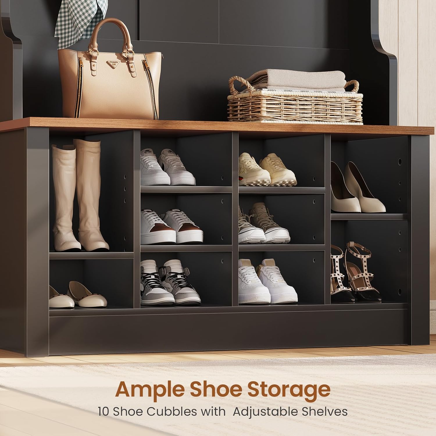 Itaar Hall Tree with Bench and Shoe Storage, 3-in-1 Entryway Bench with Coat Rack, Hall Tree with Adjustable Shoe Storage and Hanging Hooks, White and Brown (Black)