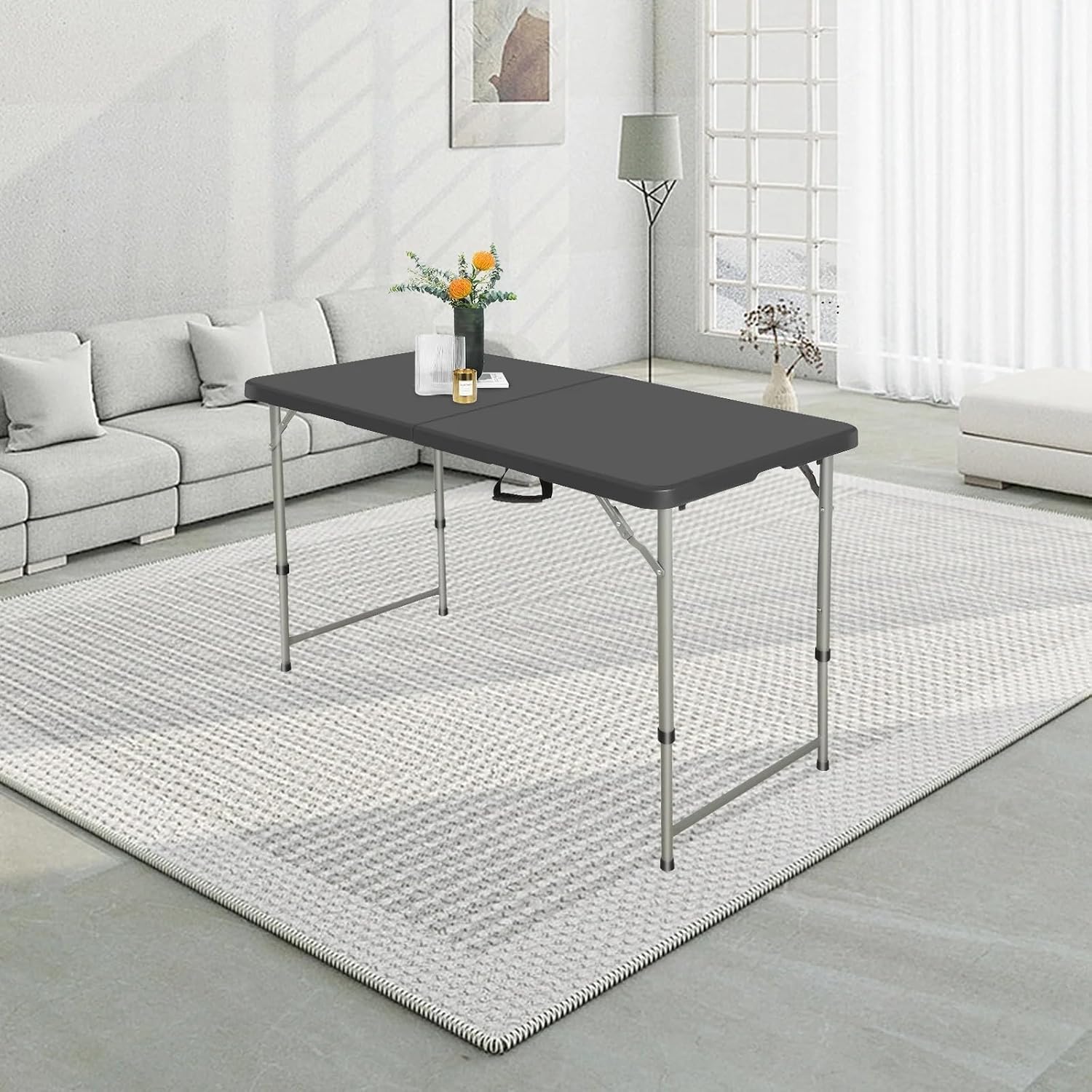 4FT Folding Table Heavy Duty 350 LBS, 3 Adjustable Heights Fold-in-Half Portable Table with HDPE Waterproof Top for Camping, Party, Craft, Card Game - Coffee Table to Dining Height, Indoor Outdoor