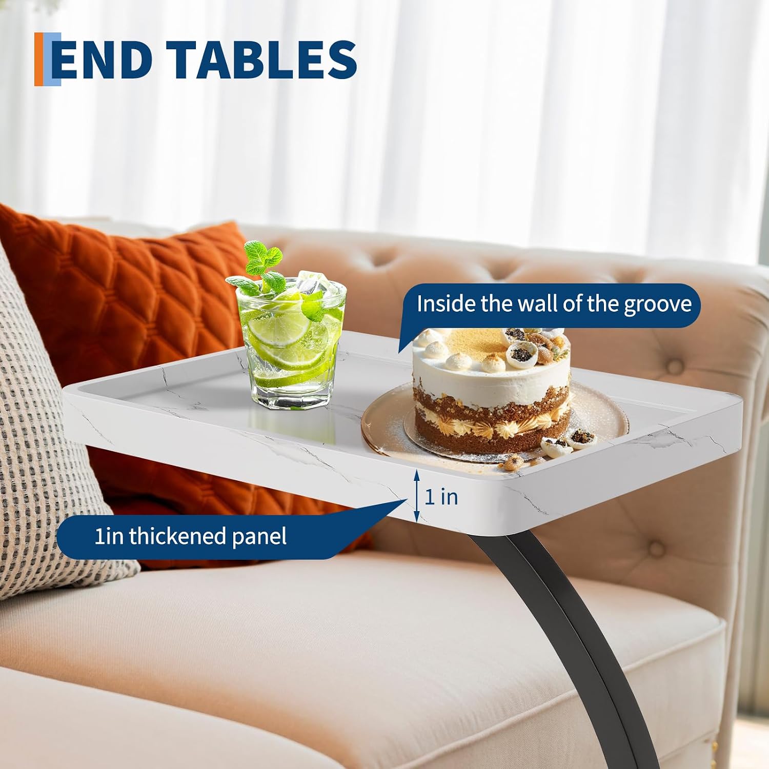 C Shaped TV Tray Table, C Shaped End Table for Couch, 2-Tier Rolling Small Side Table, Versatile Bedside & Laptop Desk, Side Table, White
