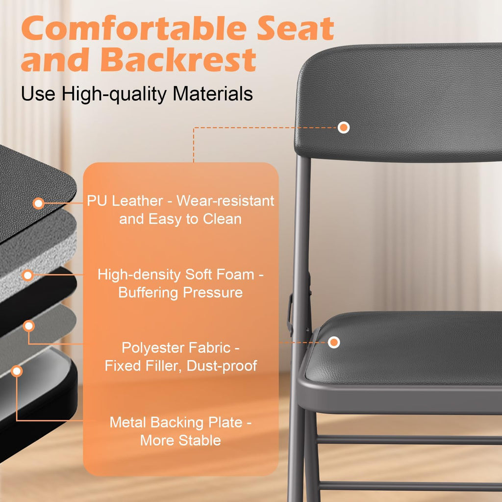 VTOY Commercial Grade Folding Chair with Padded Fabric Cushion（16"X16" |Double-hinged Legs Luxury Style|4.5kg Capacity Max Weight 150Kg for Home and Office,Indoor and Outdoor Events (2, PU-Gray)