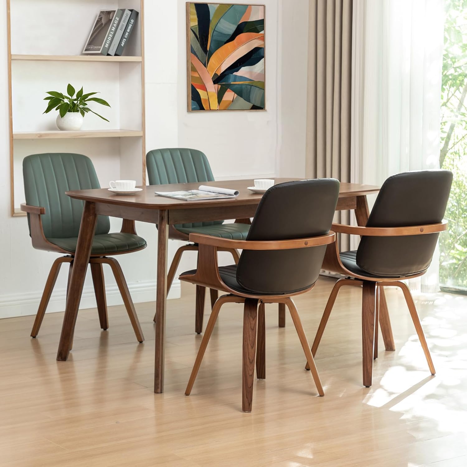 WUPOTO Swivel Dining Chairs, Set of 4 Kitchen Swivel Chairs with Walnut Craftsmanship, Upholstered Faux Leather, Wooden Arms and Legs, Walnut Dining Chairs for Kitchen/Living Room - Black