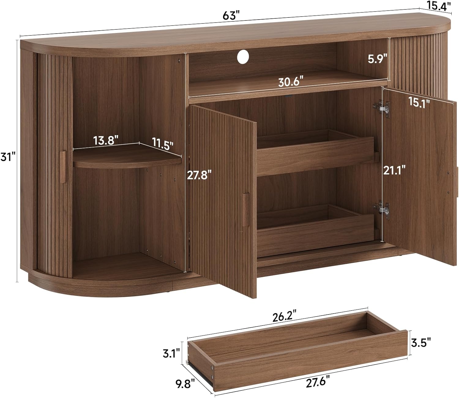 63" Sideboard Buffet Cabinet with Storage, Modern Fluted Accent Credenza with Sliding Doors, Drawers and Adjustable Shelves, Wood Coffee Bar Console Table for Kitchen, Living Room, Enrtyway (Walnut)