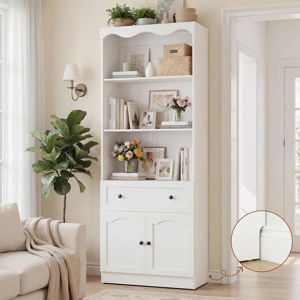 Cyclysio 80" Tall Pantry Cabinet with 3-Tier Open Shelves, White Kitchen Pantry Storage Cabinet with Drawer, Kitchen Organizer with Built-in Baseboard Notch for Kitchen, Living Room, Bathroom