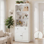 Cyclysio 80" Tall Pantry Cabinet with 3-Tier Open Shelves, White Kitchen Pantry Storage Cabinet with Drawer, Kitchen Organizer with Built-in Baseboard Notch for Kitchen, Living Room, Bathroom