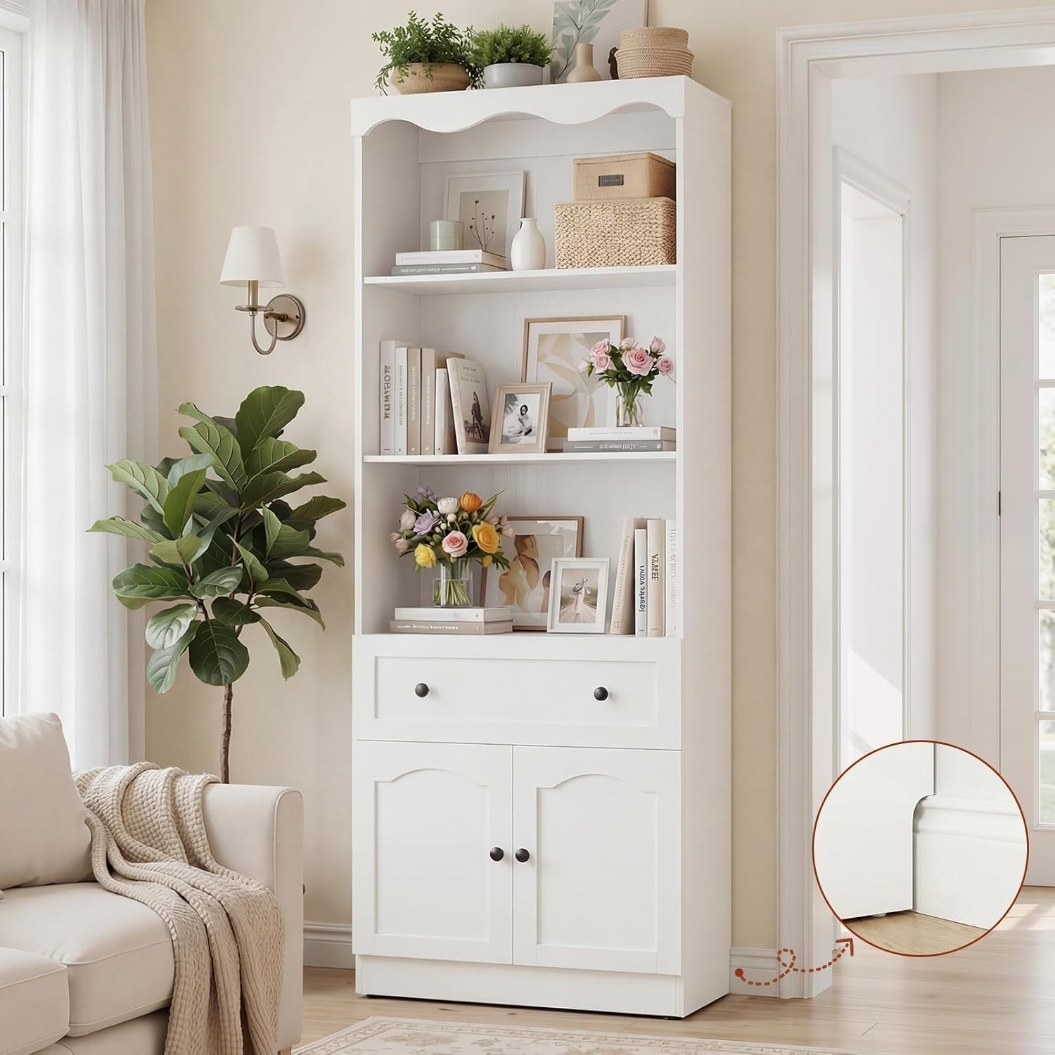 Cyclysio 80" Tall Pantry Cabinet with 3-Tier Open Shelves, White Kitchen Pantry Storage Cabinet with Drawer, Kitchen Organizer with Built-in Baseboard Notch for Kitchen, Living Room, Bathroom