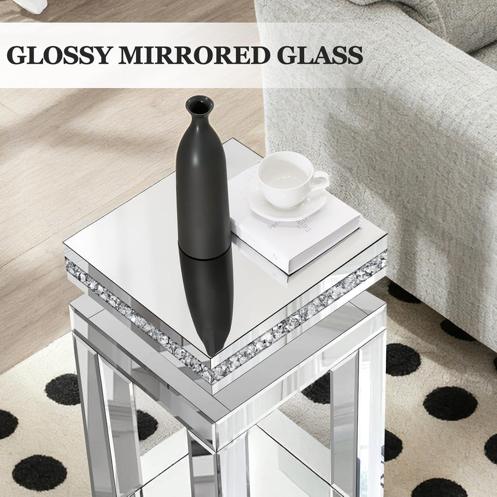 Silver Mirrored End Table, Modern Crushed Diamond Accent Tables, Small Side Coffee Table for Living Room, Bedroom, 11.8"x11.8"x23.6"