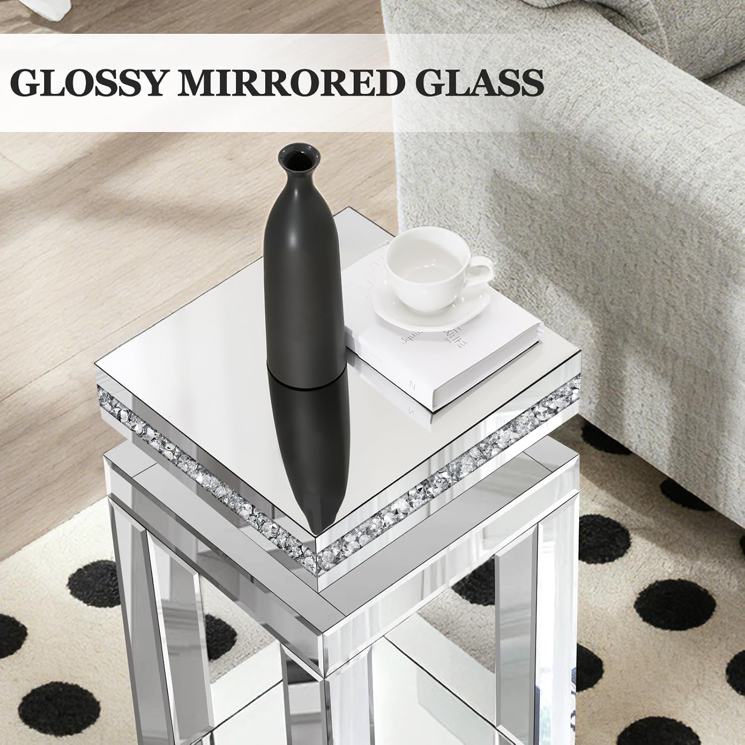 Silver Mirrored End Table, Modern Crushed Diamond Accent Tables, Small Side Coffee Table for Living Room, Bedroom, 11.8"x11.8"x23.6"