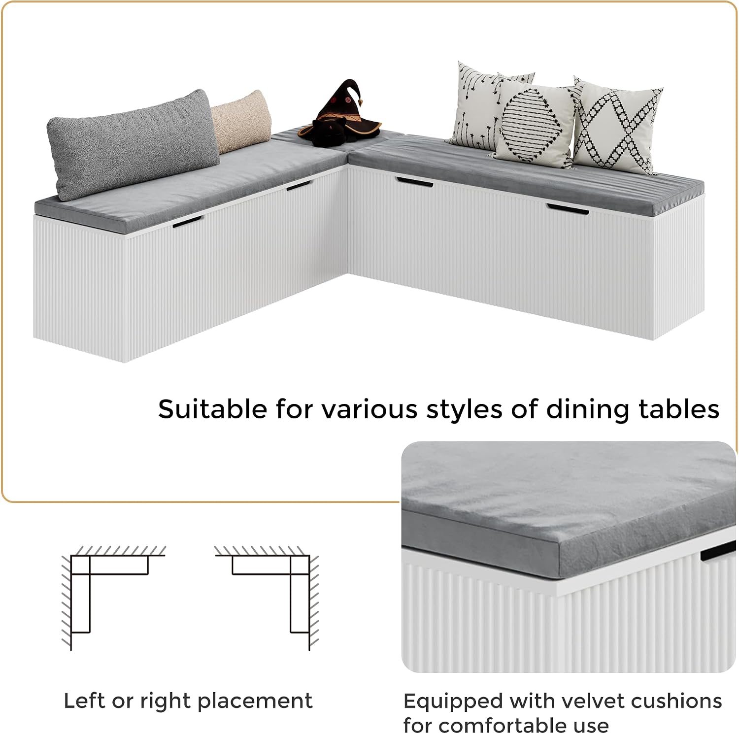 Mekminop Kitchen Breakfast Nook Bench, Backless Wood Corner Bench with Cushion Seat, L Shape Dining Bench with Hidden Storage Space, White