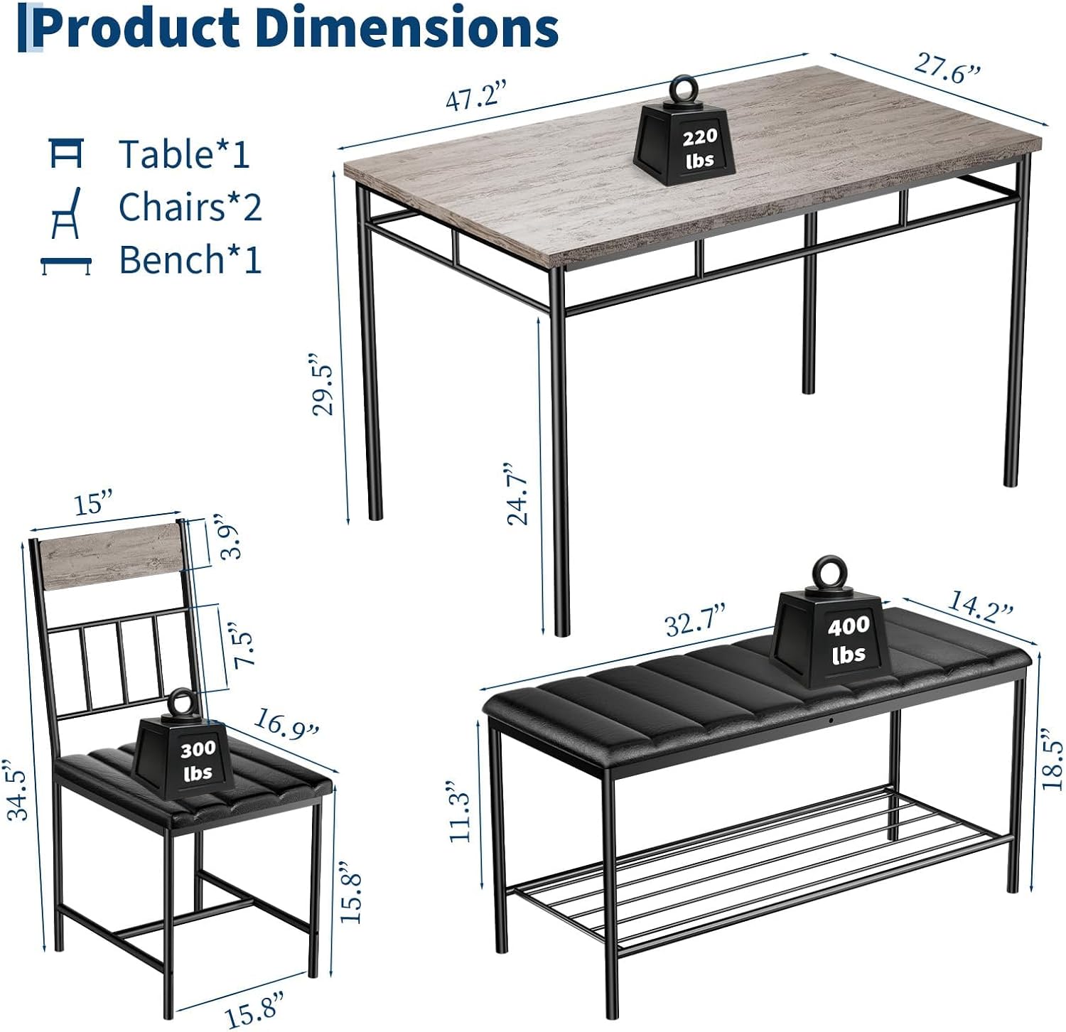IDEALHOUSE 4-Piece Modern Dining Table Set, Kitchen Table with Upholstered Chairs and Bench, Kitchen Table Set for Small Space, Apartment, Home, Studio