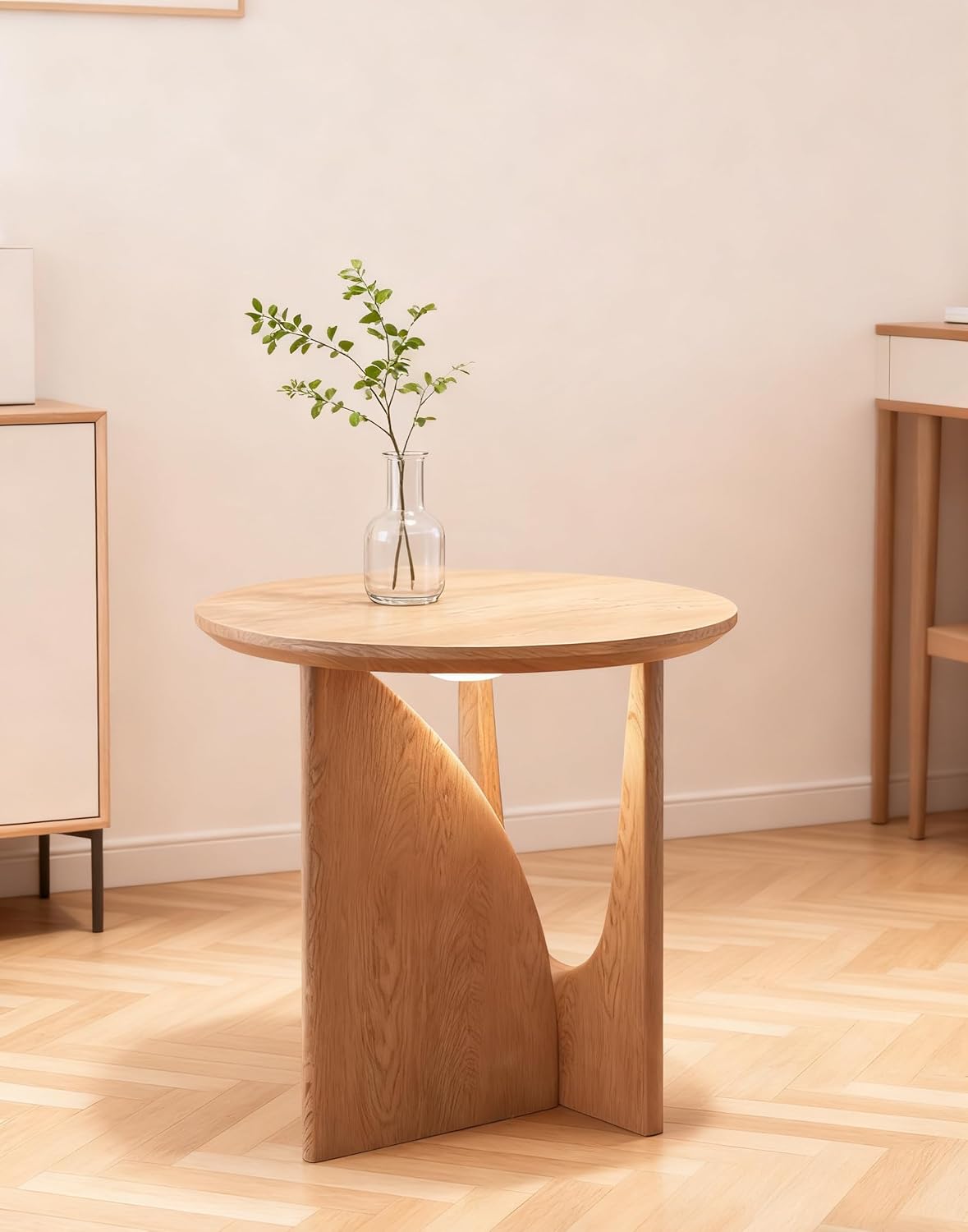 Solid Wood Round Side Table with Battery-Operated Light, Mid-Century Modern End Table, Light Walnut Nightstand for Bedroom & Living Room, 19” x 20”