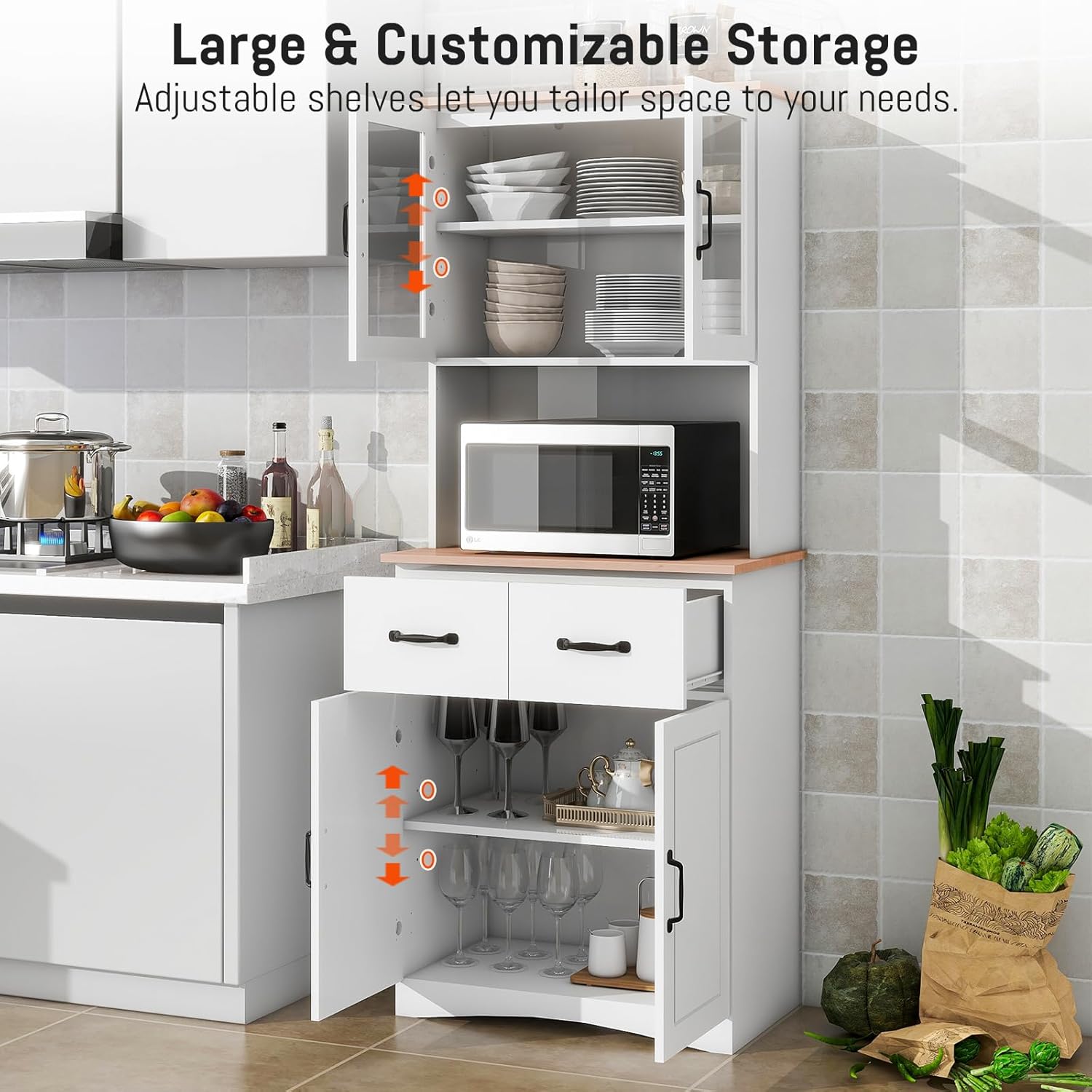 67" Kitchen Pantry Cabinet with Glass Doors & Drawers, Adjustable Shelves, Anti-Tip, Space-Saving Microwave Stand for Small Kitchens