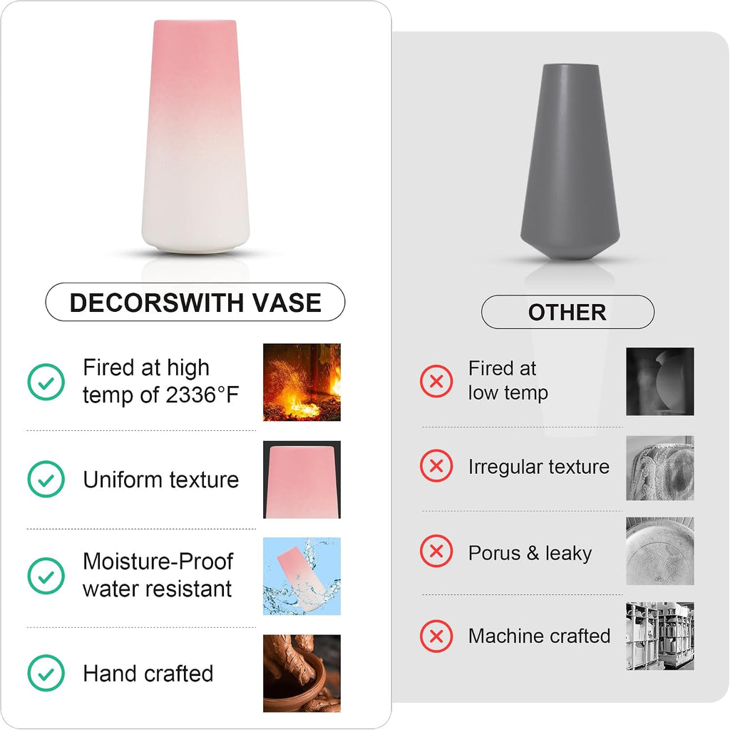 Pink Vase, Small Ceramic Vase, 8 inch Tall Vases for Flowers Pampas Grass Bud Roses Living Room Entry Table Bathroom Home Decor, Modern Style(Pink)