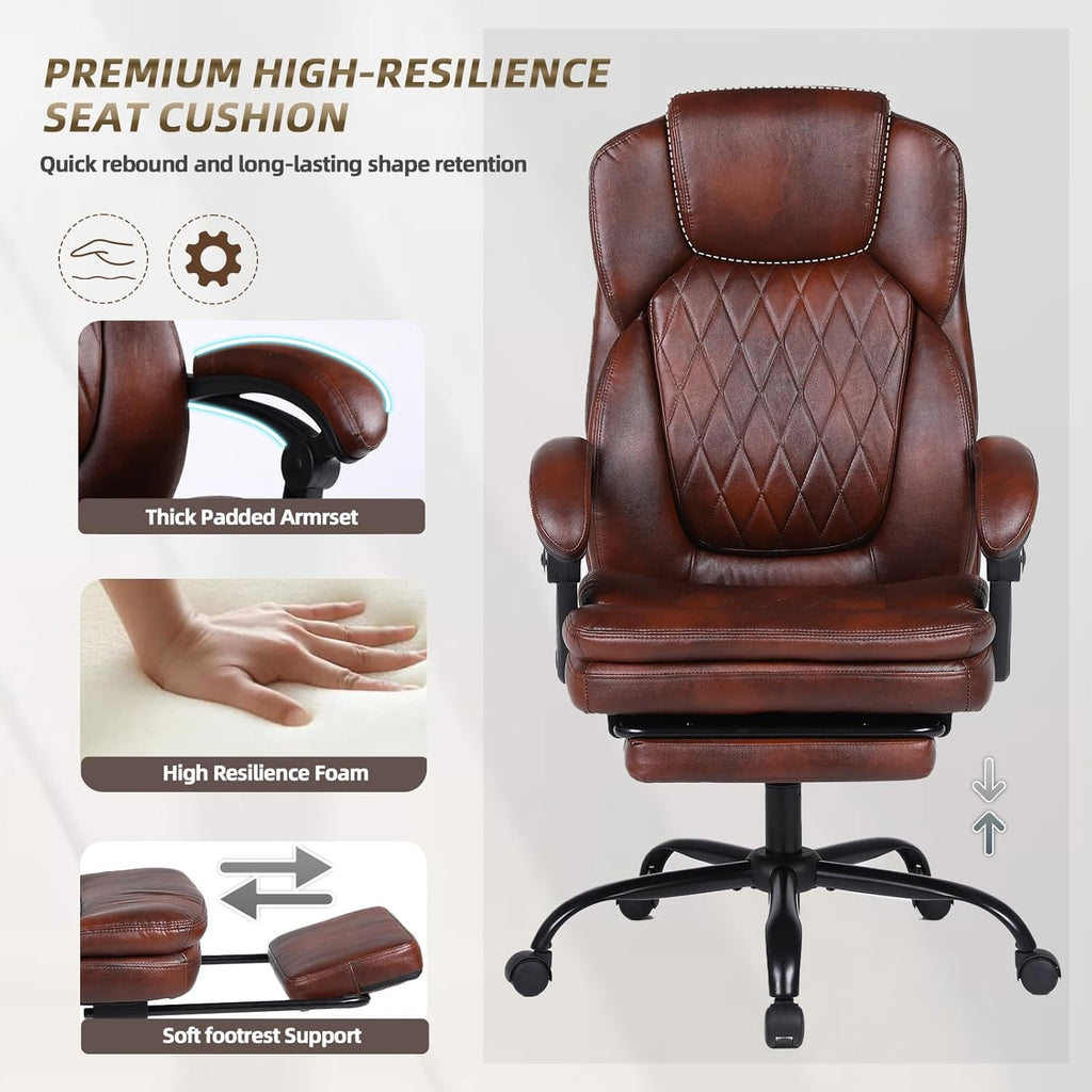 Big and Tall Office Desk Chair, Executive Office Chair with Foot Rest, PU Leather Comfy Reclining Office Chairs for Heavy People, Wide Ergonomic High-Back Computer Chairs, Brown