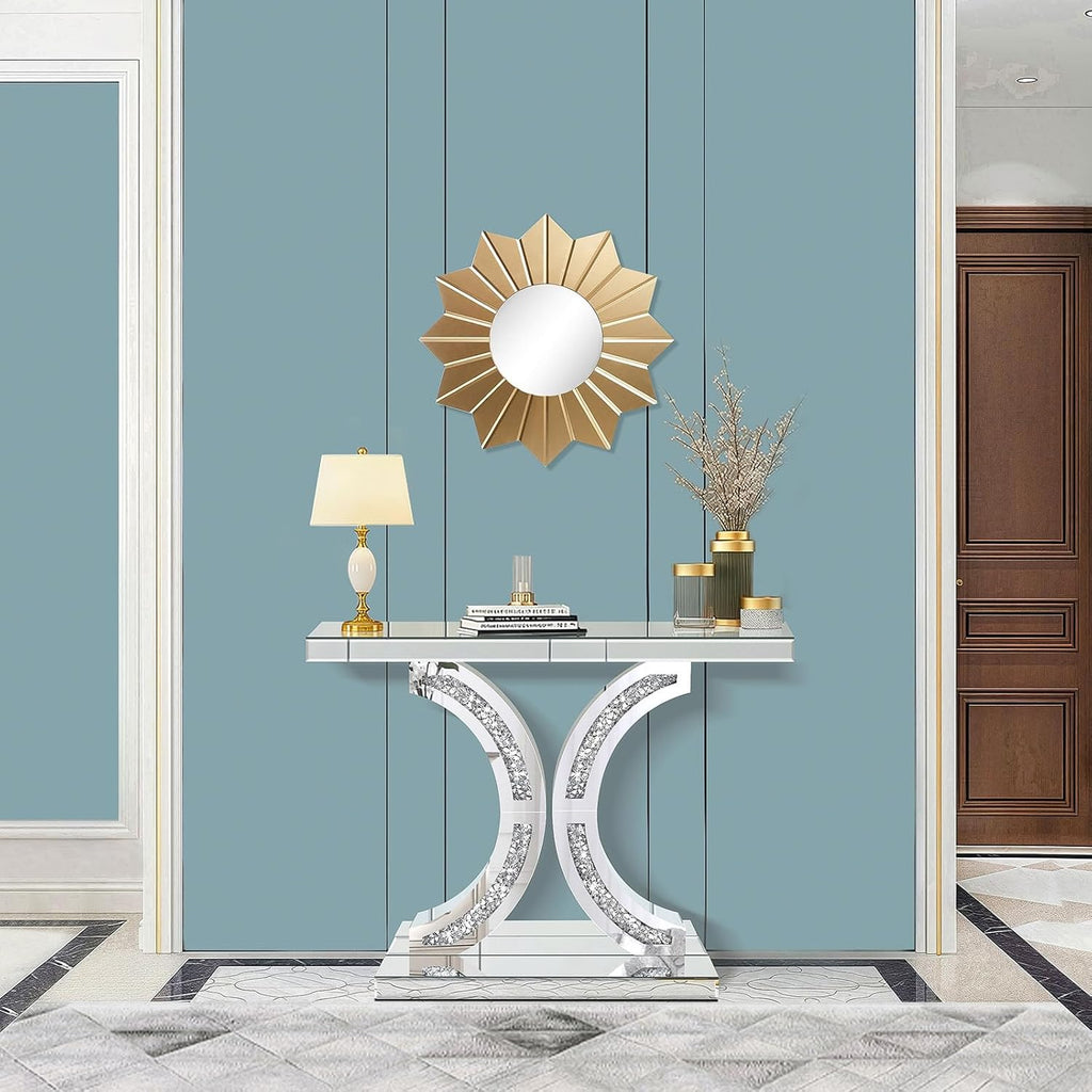 Silver Mirrored Console Table with Crushed Diamond Inlay, 39.4'' Long Glass Entryway Sofa Table, C-Shaped Base Modern Accent Narrow Table for Living Room, Hallway, Foyer, Entrance