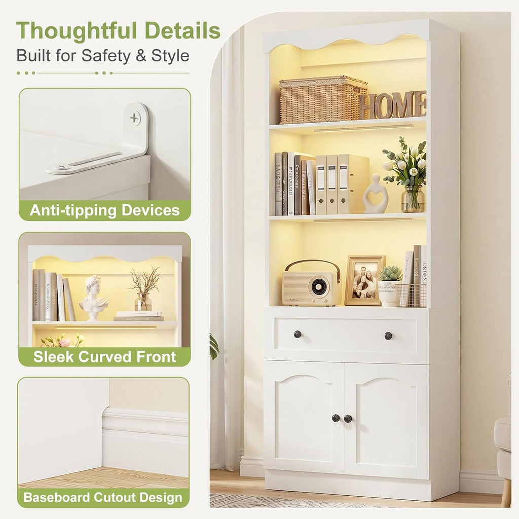 Cyclysio 80" Tall Pantry Cabinet with Motion Sensor LED Lights, Kitchen Storage Cabinet for Coffee Bar and Dining Room, Tall Bookshelf with 3.15" Baseboard Cutout, Drawer and Cupboard, White