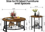 Recaceik Round Coffee Table and End Table Set of 3 with Storage, Modern Vintage Dark Brown Coffee Table and Side Table for Living Room, Office, Apartment, Small Space