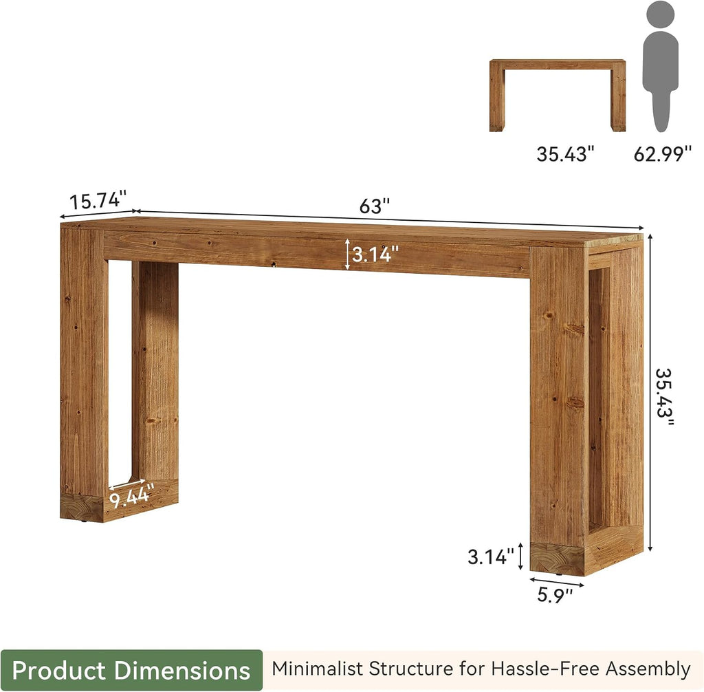 63-Inch Solid Wood Bar Table, Narrow Long Counter Height Pub Dining Table, Farmhouse Rectangular Home Coffee Bar Units for Kitchen, Dining Room, Living Room, Bistro, Brown