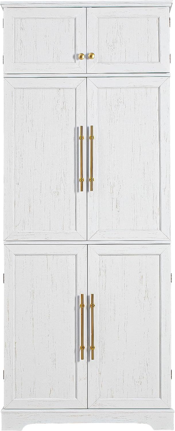 78.2" Tall Farmhouse Kitchen Pantry Cabinet, Storage Cabinet with 8 Door Shelves & 4 Adjustable Shelves, Hidden Drawer and Wine Rack for Kitchen, Dining Room, Bathroom, Retro White