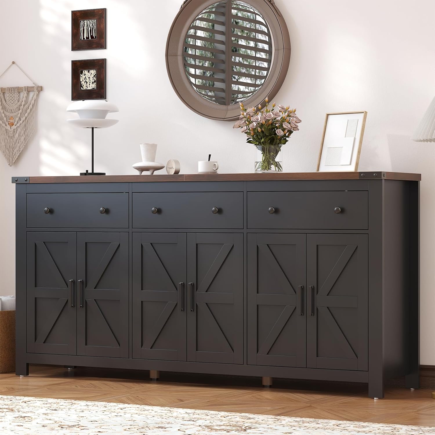 VVFLU 71" Large Sideboard Buffet Cabinet with Storage, Farmhouse Coffee Bar with 3 Drawers and 6 Barn Doors, Long Wider Storage Cabinet, for Kitchen, Dining Room, Living Room, Black Wood