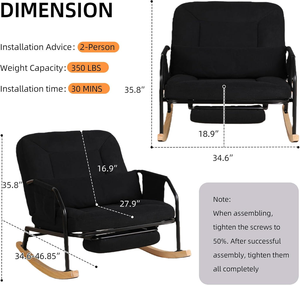 Oversized Reclining Rocking Chair with Foot Rest, 110°–160° Adjustable Backrest, Upholstered Armchair with Side Pocket for Nursery and Living Room, Black
