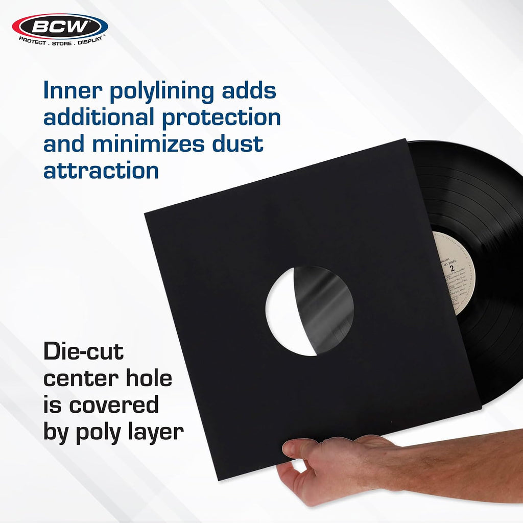 BCW 12-Inch Vinyl LP Record Sleeves - 50 Pack | Black Polylined Inner Protective Sleeves with Center Hole for Vinyl Records | Acid-Free, Scratch Resistant | Ideal for DJs and Collectors