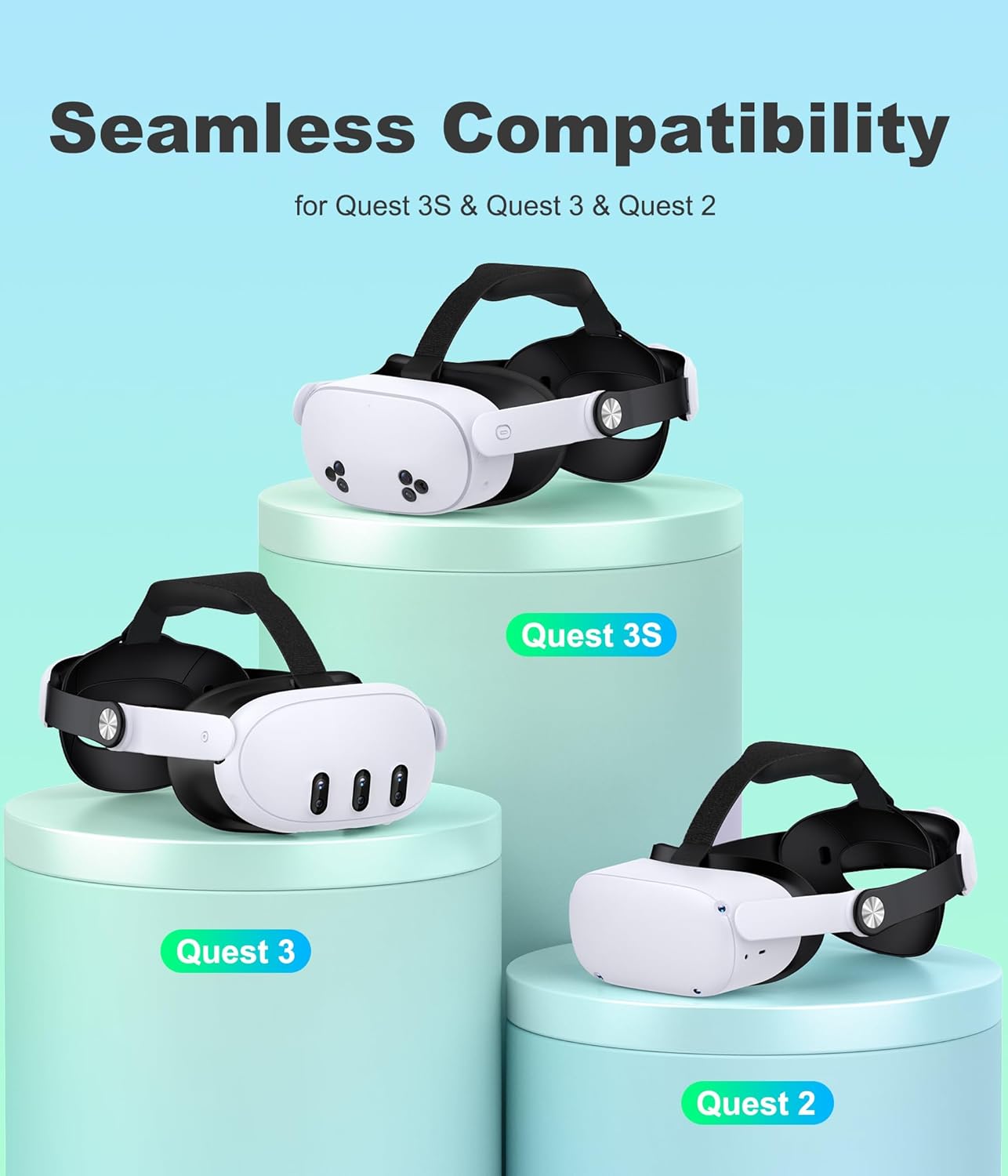 DXKK MQ5001 Head Strap for Meta Quest 3/Quest 3S/Quest 2, Enhanced Comfort Head Strap with Soft Padding, Quick-Switch Reality Design, Adjustment Dial (No Battery),