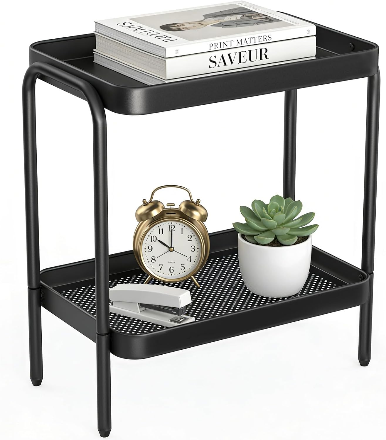2 in 1 Desktop & Floor End Table with Storage Shelves, Compact 2-Tier Side Table for Office Desk Organization, Bedside Nightstand, Small Space Nightstand for Living Room, Bedroom, Office
